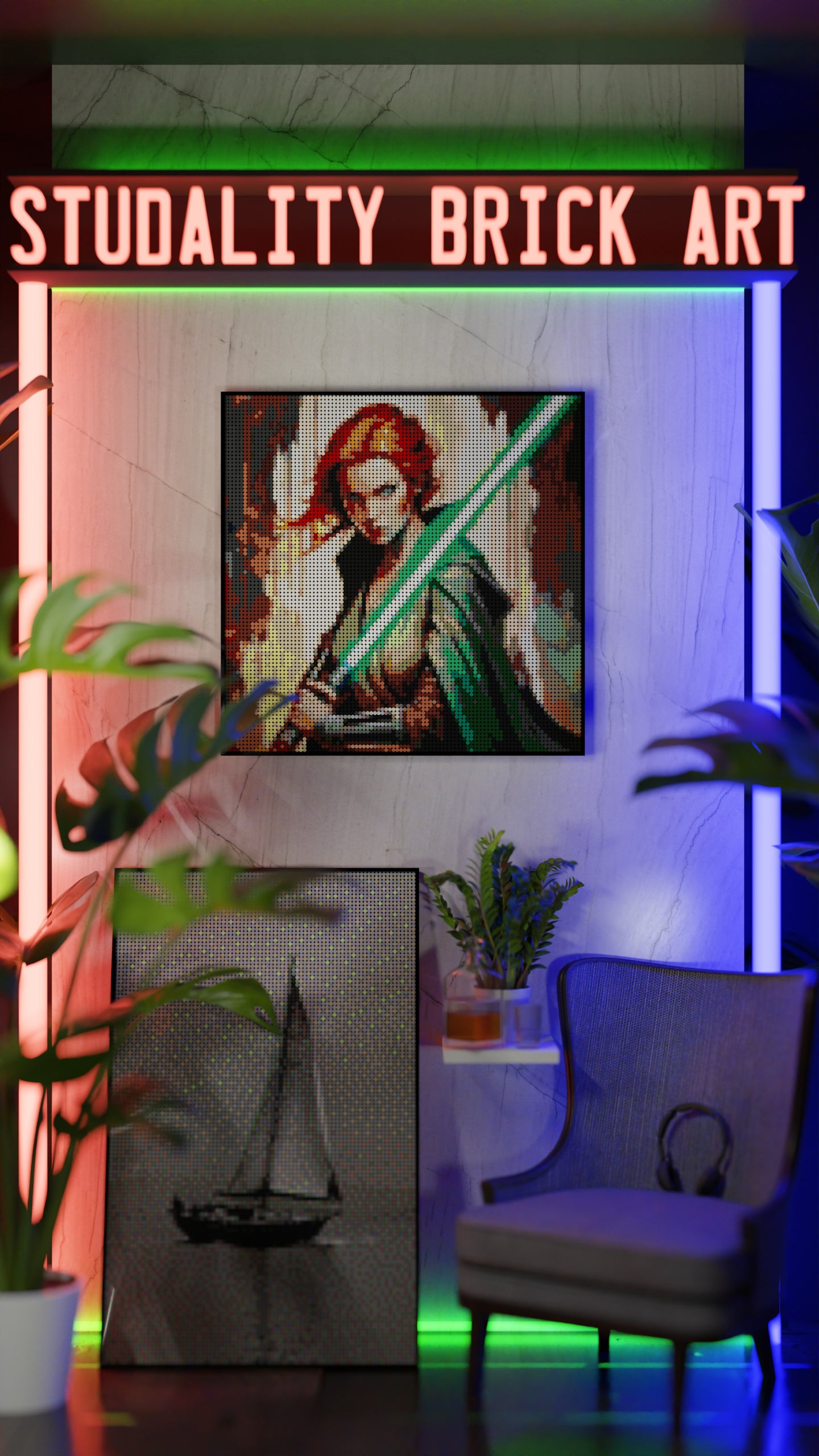 Star of the Warborn LEGO® Style mosaic wall art made from colorful plastic bricks